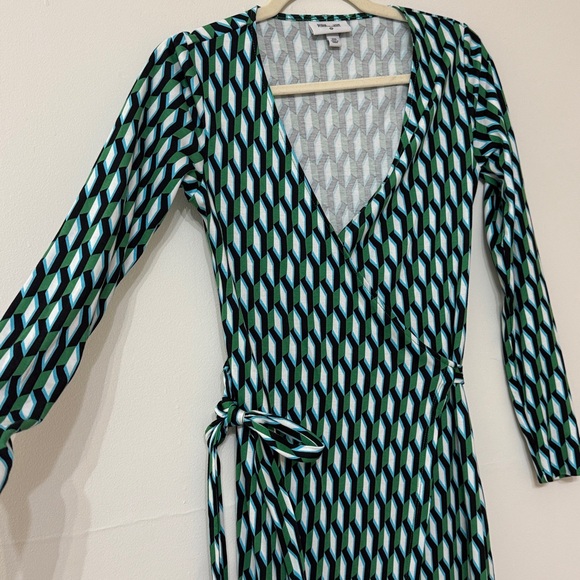 Diane‎ Von Furstenberg Midi Wrap Green Geometric Long Sleeve Dress - Picture 5 of 6